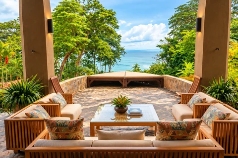 Timber seating on the stone terrace looking through the trees to the sea.